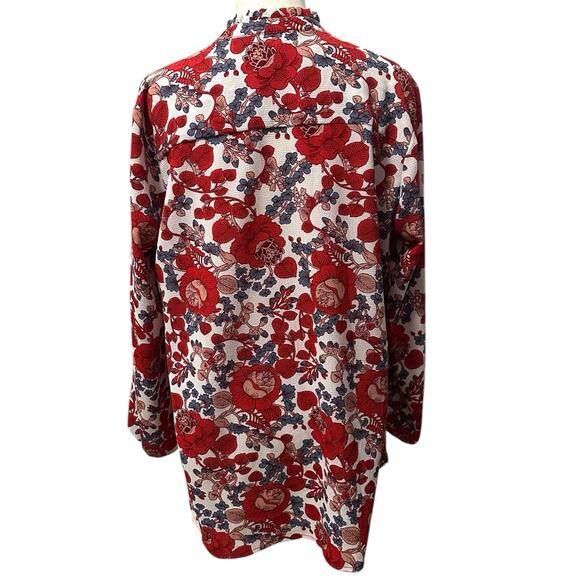 Caslon Red Floral Boho Blouse Size M Long Sleeve Split Neck Peasant Top Artsy - Picture 3 of 9